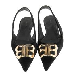 Pre Owned Balenciaga Black Velvet BB Logo Embellished Slingback Pointed Toe Flats Size 38