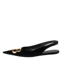 Pre Owned Balenciaga Black Velvet BB Logo Embellished Slingback Pointed Toe Flats Size 38