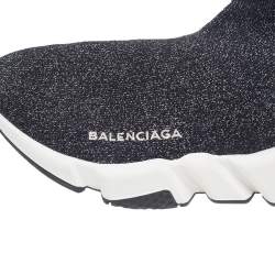 Balenciaga Black/Silver Glitter Knit Fabric Speed Trainer Sneakers Size 35