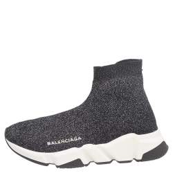 Balenciaga Black/Silver Glitter Knit Fabric Speed Trainer Sneakers Size 35
