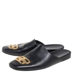 Pre Owned Balenciaga Black Leather Cosy BB Flat Mules Size 38