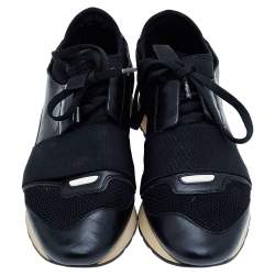 Pre Owned Balenciaga Black Leather And Mesh Race Runner Sneakers Size 39