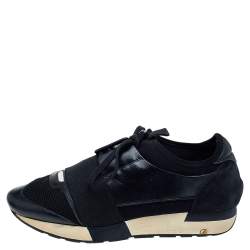 Pre Owned Balenciaga Black Leather And Mesh Race Runner Sneakers Size 39