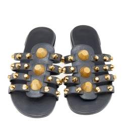 Pre Owned Balenciaga Grey Leather Arena Studded Strappy Flats Size 38