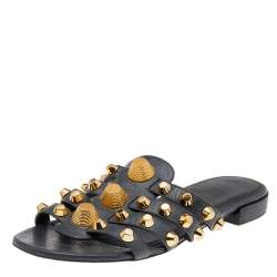 Pre Owned Balenciaga Grey Leather Arena Studded Strappy Flats Size 38