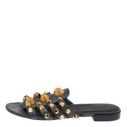 Pre Owned Balenciaga Grey Leather Arena Studded Strappy Flats Size 38