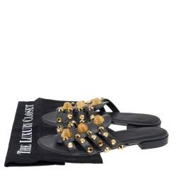 Pre Owned Balenciaga Grey Leather Arena Studded Strappy Flats Size 38