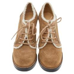 Balenciaga Light Brown Suede And Shearling Chunky Strip Heel Ankle Boots Size 37
