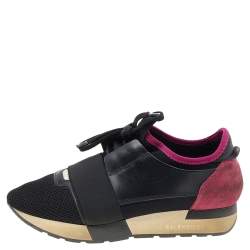 Balenciaga Black/Fuchsia Leather And Mesh Race Runner Sneakers Size 37