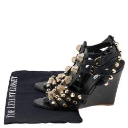 Pre Owned Balenciaga Black Leather Arena Wedge Sandals Size 37