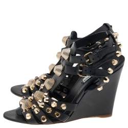 Pre Owned Balenciaga Black Leather Arena Wedge Sandals Size 37