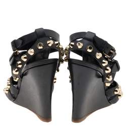 Pre Owned Balenciaga Black Leather Arena Wedge Sandals Size 37