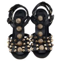 Pre Owned Balenciaga Black Leather Arena Wedge Sandals Size 37