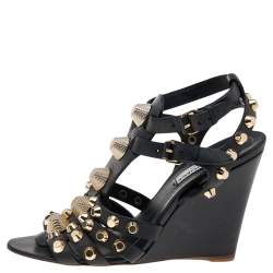 Pre Owned Balenciaga Black Leather Arena Wedge Sandals Size 37