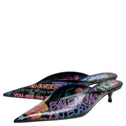 Pre Owned Balenciaga Black Graffiti Leather Knife Pointed Toe Mules Size 37