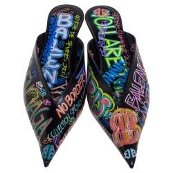 Pre Owned Balenciaga Black Graffiti Leather Knife Pointed Toe Mules Size 37