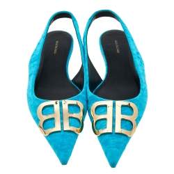 Pre Owned Balenciaga Blue Velvet BB Pointed Slingback Sandals Size 36