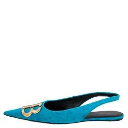 Pre Owned Balenciaga Blue Velvet BB Pointed Slingback Sandals Size 36