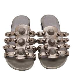 مملوكة مسبقًا Balenciaga Metallic Grey Leather Arena Embellished Flats Size 36