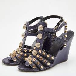 Balenciaga Navy Blue Leather Arena Studded Gladiator Wedge Sandals Size 40