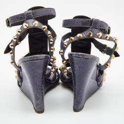 Balenciaga Navy Blue Leather Arena Studded Gladiator Wedge Sandals Size 40