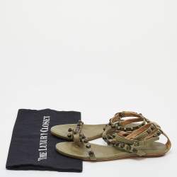 Pre Owned  Balenciaga Green Leather Studded Flat Strappy Sandals Size 39.5