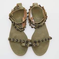 Pre Owned  Balenciaga Green Leather Studded Flat Strappy Sandals Size 39.5