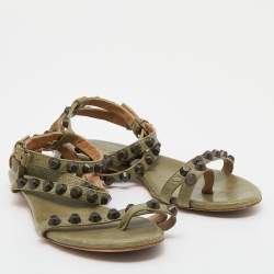 Pre Owned  Balenciaga Green Leather Studded Flat Strappy Sandals Size 39.5