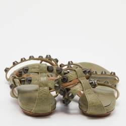 Pre Owned  Balenciaga Green Leather Studded Flat Strappy Sandals Size 39.5