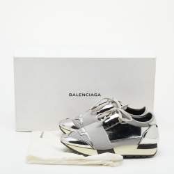 مملوكة مسبقًا Balenciaga Silver/Grey Leather And Mesh Race Runner Low Top Sneakers Size 35