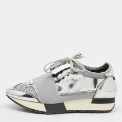 Pre Owned Balenciaga Silver/Grey Leather And Mesh Race Runner Low Top Sneakers Size 35