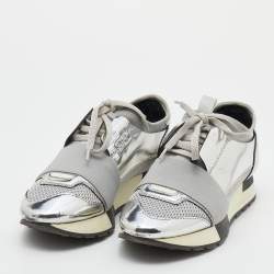 مملوكة مسبقًا Balenciaga Silver/Grey Leather And Mesh Race Runner Low Top Sneakers Size 35
