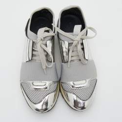 مملوكة مسبقًا Balenciaga Silver/Grey Leather And Mesh Race Runner Low Top Sneakers Size 35