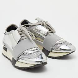 مملوكة مسبقًا Balenciaga Silver/Grey Leather And Mesh Race Runner Low Top Sneakers Size 35