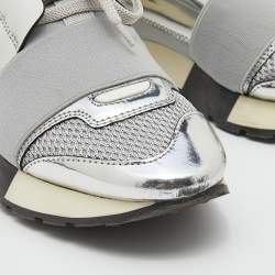 مملوكة مسبقًا Balenciaga Silver/Grey Leather And Mesh Race Runner Low Top Sneakers Size 35