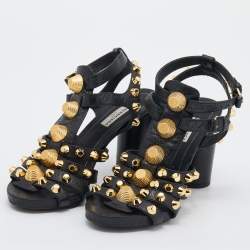 Balenciaga Black Leather Arena Studded Gladiator Block Heel Sandals Size 37