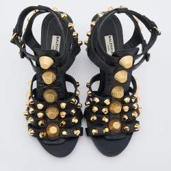 Balenciaga Black Leather Arena Studded Gladiator Block Heel Sandals Size 37