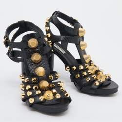 Balenciaga Black Leather Arena Studded Gladiator Block Heel Sandals Size 37