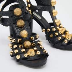 Balenciaga Black Leather Arena Studded Gladiator Block Heel Sandals Size 37