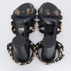 Balenciaga Black Leather Arena Studded Gladiator Block Heel Sandals Size 37