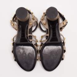 Balenciaga Grey Textured Leather Studded Ankle Strap Block Heel Sandals Size 41