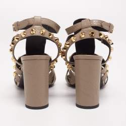Balenciaga Grey Textured Leather Studded Ankle Strap Block Heel Sandals Size 41