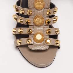Balenciaga Grey Textured Leather Studded Ankle Strap Block Heel Sandals Size 41