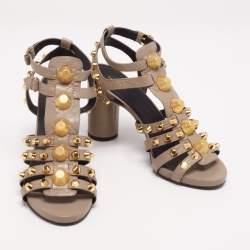 Balenciaga Grey Textured Leather Studded Ankle Strap Block Heel Sandals Size 41