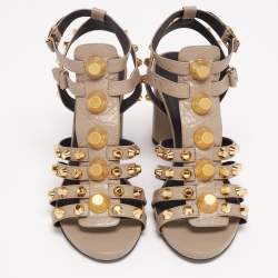 Balenciaga Grey Textured Leather Studded Ankle Strap Block Heel Sandals Size 41