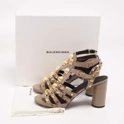 Balenciaga Grey Textured Leather Studded Ankle Strap Block Heel Sandals Size 41
