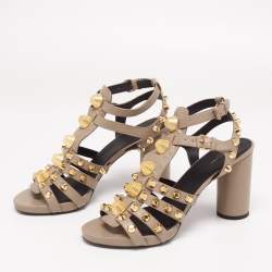 Balenciaga Grey Textured Leather Studded Ankle Strap Block Heel Sandals Size 41