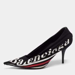 Pre Owned Balenciaga Black Logo Fabric and Leather Knife Pumps Size 38