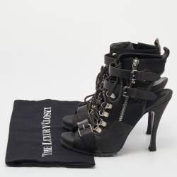 Pre Owned Balenciaga Black Leather And Fabric Open Toe Lace Up Ankle Booties Size 39