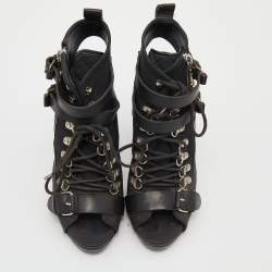 Pre Owned Balenciaga Black Leather And Fabric Open Toe Lace Up Ankle Booties Size 39